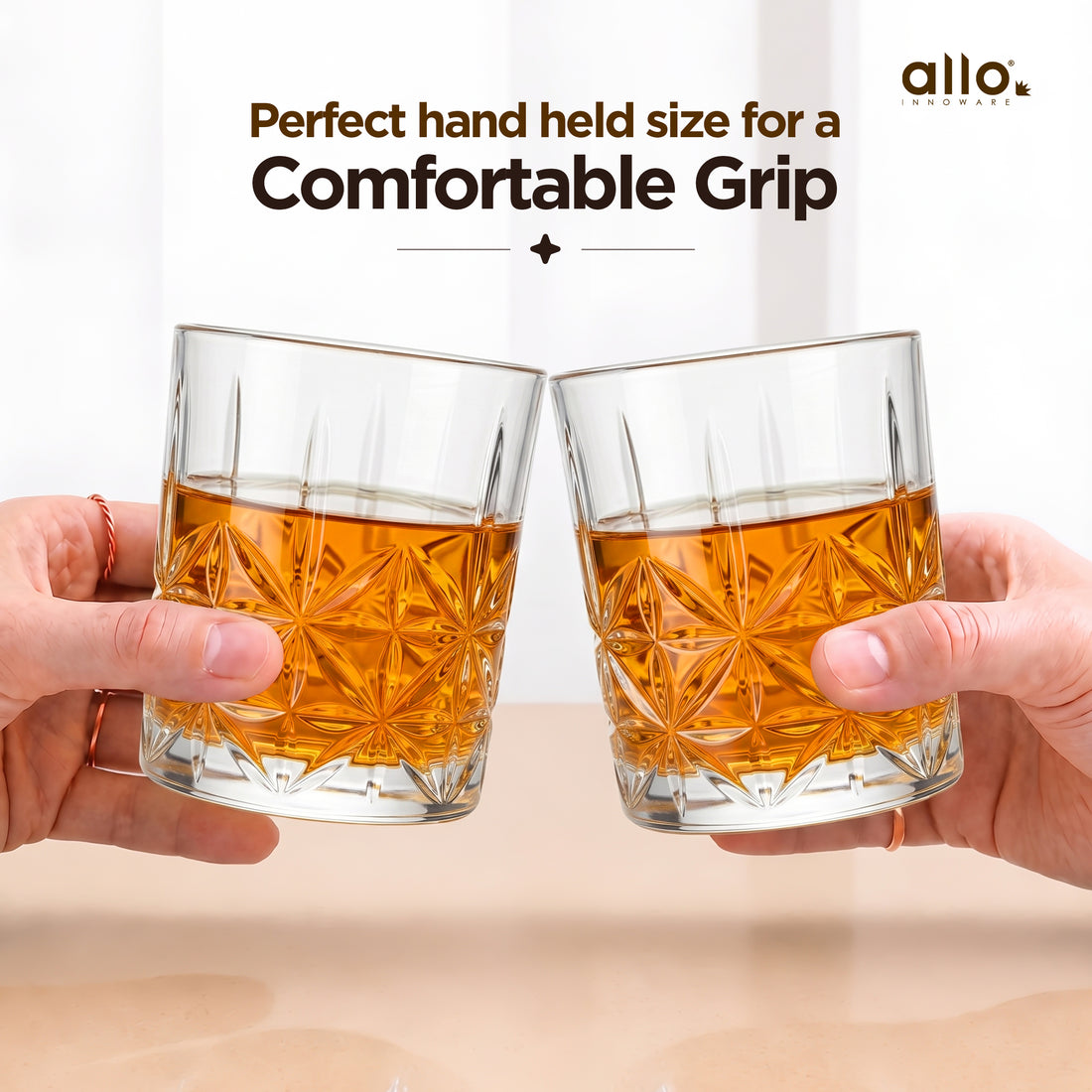 Allo Glass Set Of 6 Premium Whisky Glasses, 205 ml, For Drinking Water, Wine, Cocktail, Mocktail, Martini, Liquor, Alcohol, Scotch, Bourbon | Gift Set Packaging | Golden Rim Floral Cut Whiskey Glass