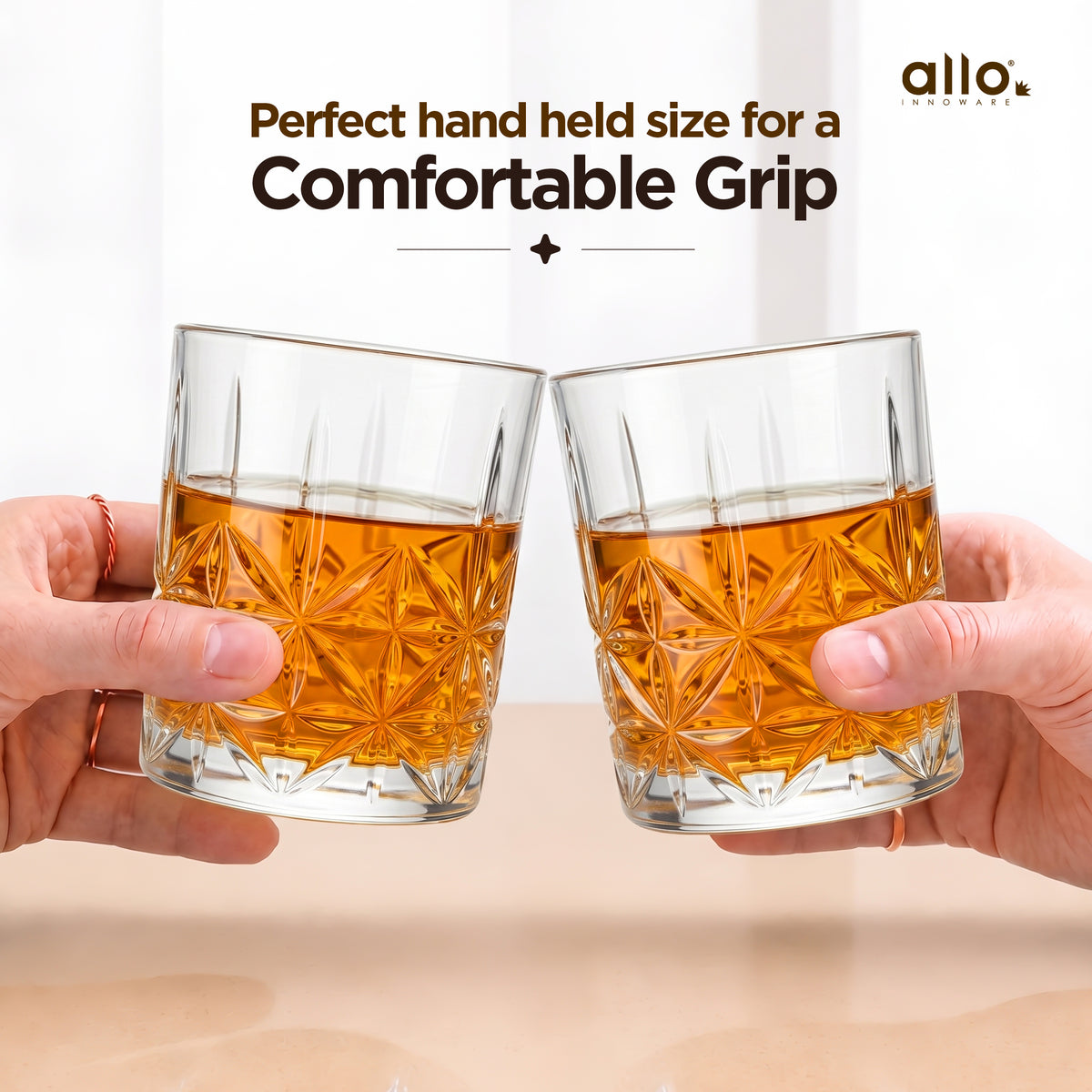 Allo Glass Set Of 6 Premium Whisky Glasses, 205 ml, For Drinking Water, Wine, Cocktail, Mocktail, Martini, Liquor, Alcohol, Scotch, Bourbon | Gift Set Packaging | Golden Rim Floral Cut Whiskey Glass