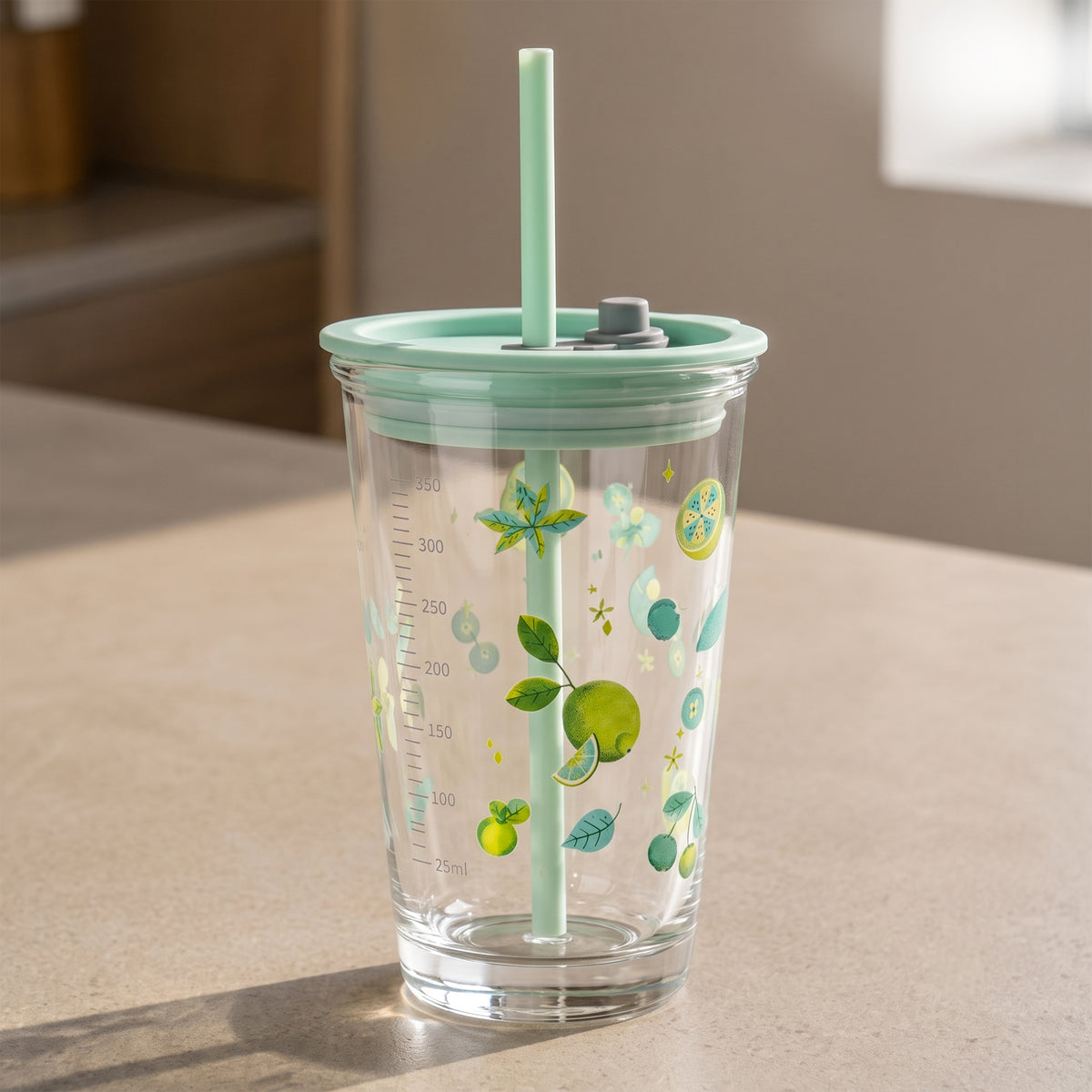 Allo Reusable Glass Mug Sipper Tumbler with Straw, Unique 2 in 1 ANTI Spill Lid | Microwave Safe Leakproof Glass with Anti-Slip Grip for Hot & Cold Coffee| Car, Office, Travel use | 450ml (Green Pear)