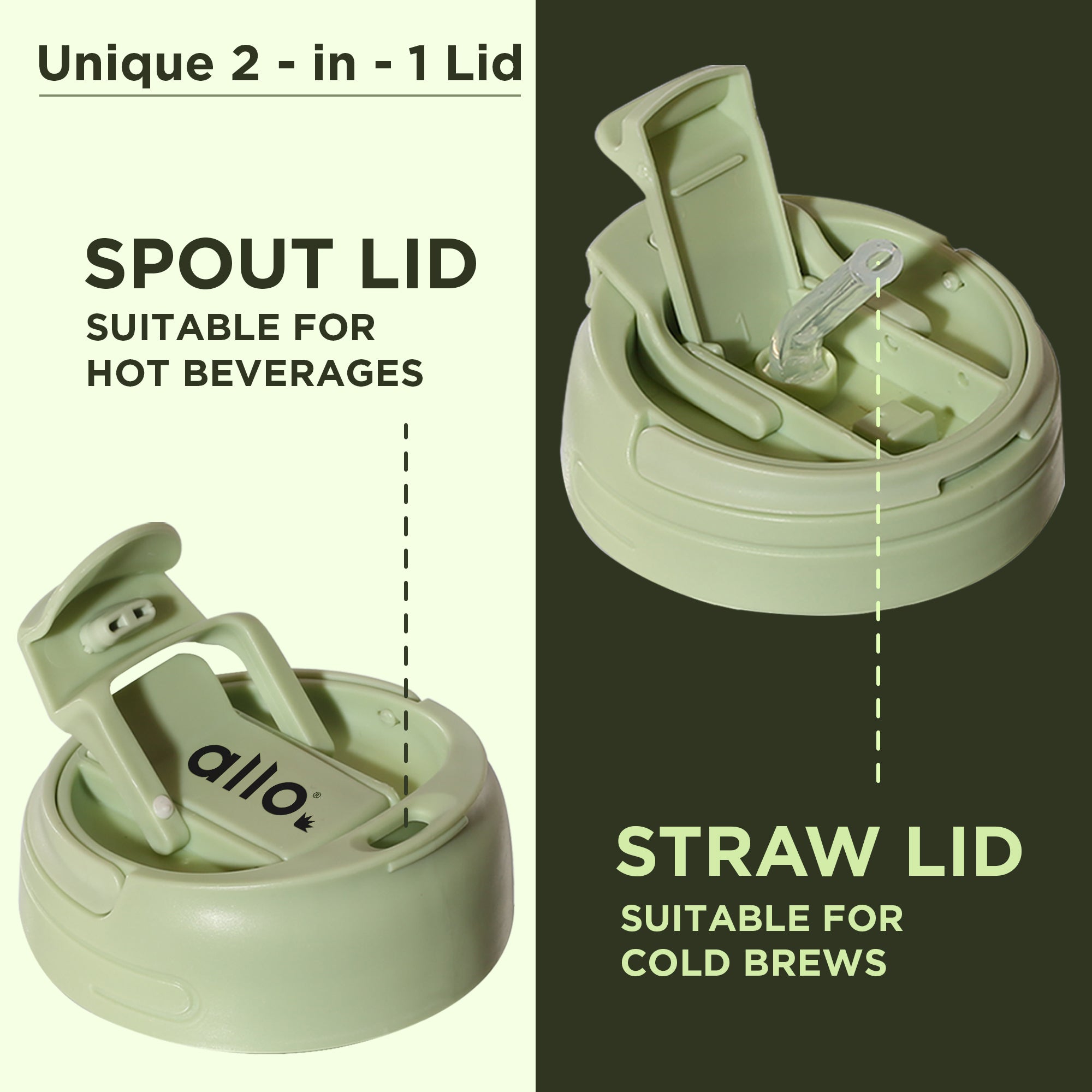 Allo Reusable Glass Mug Sipper Tumbler with Straw, Unique 2 in 1 Anti Spill Lid | Microwave Safe Leakproof Glass with Anti-Slip Grip for Hot & Cold Coffee|| Car, Office, Travel use | 350ml (Green)