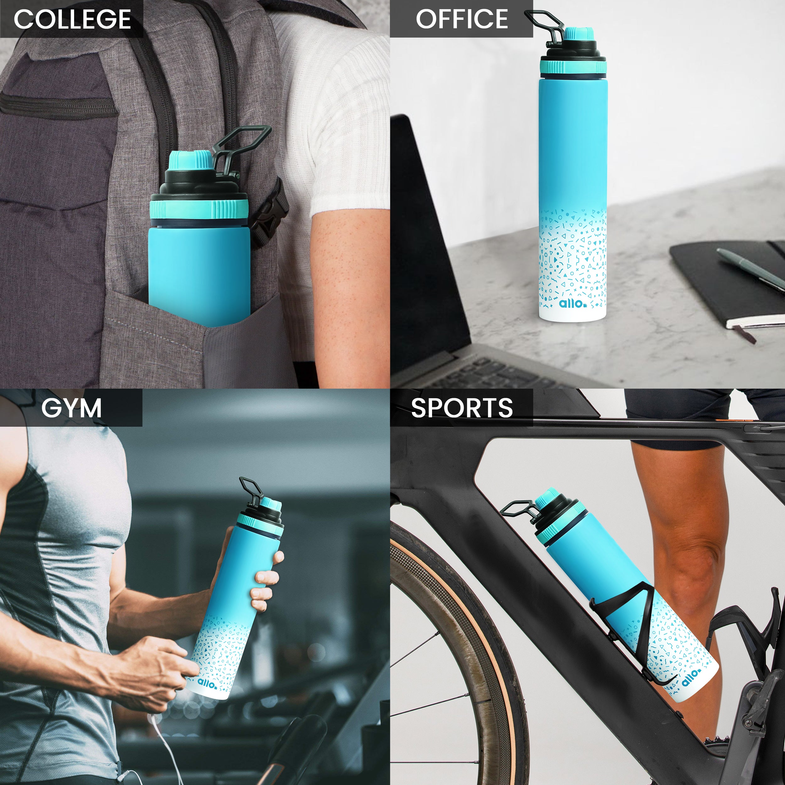 Allo Steel Water Bottles Stainless Steel Sipper Water Bottle for adults, kids 1 Litre Water Bottles for School, Office, Sports, Gym 1L Water Bottle for Men and women, Pack Of 2 | Blue White 850ml