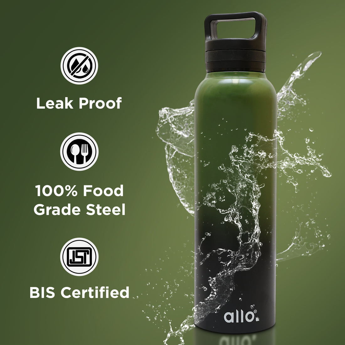 Allo Steel Water Bottles Stainless Steel Sipper Water Bottle for adults, kids 0.95 Litre Water Bottles for School, Office, Sports, Gym 950ML Water Bottle for Men and women, Olive green & Black 950ml