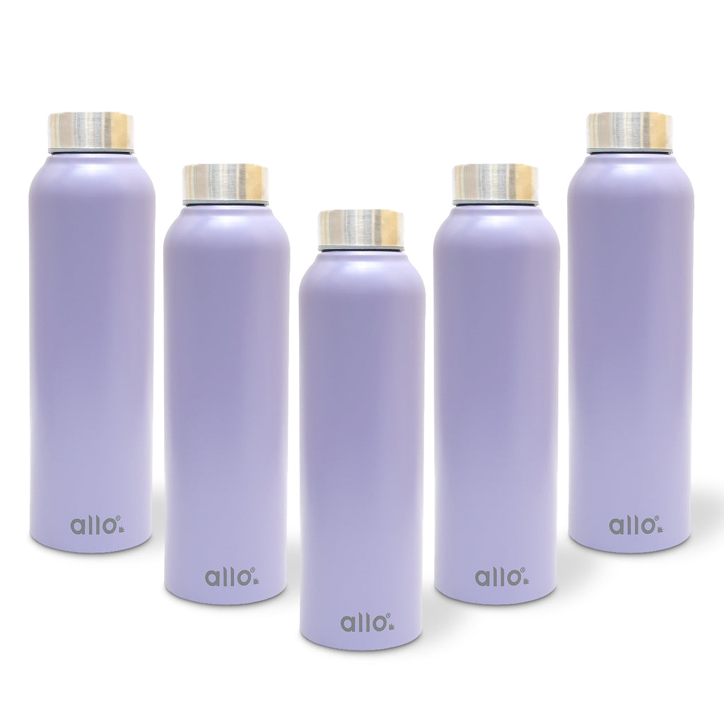 Allo Stainless Steel Water Bottle For Adults, Kids 1 Litre Water Bottles For School, Office, Sports, Gym 1L Water Bottle For Men And Women, Pack Of 5 | Leak Proof & Bpa Free, Lavender Steel Cap