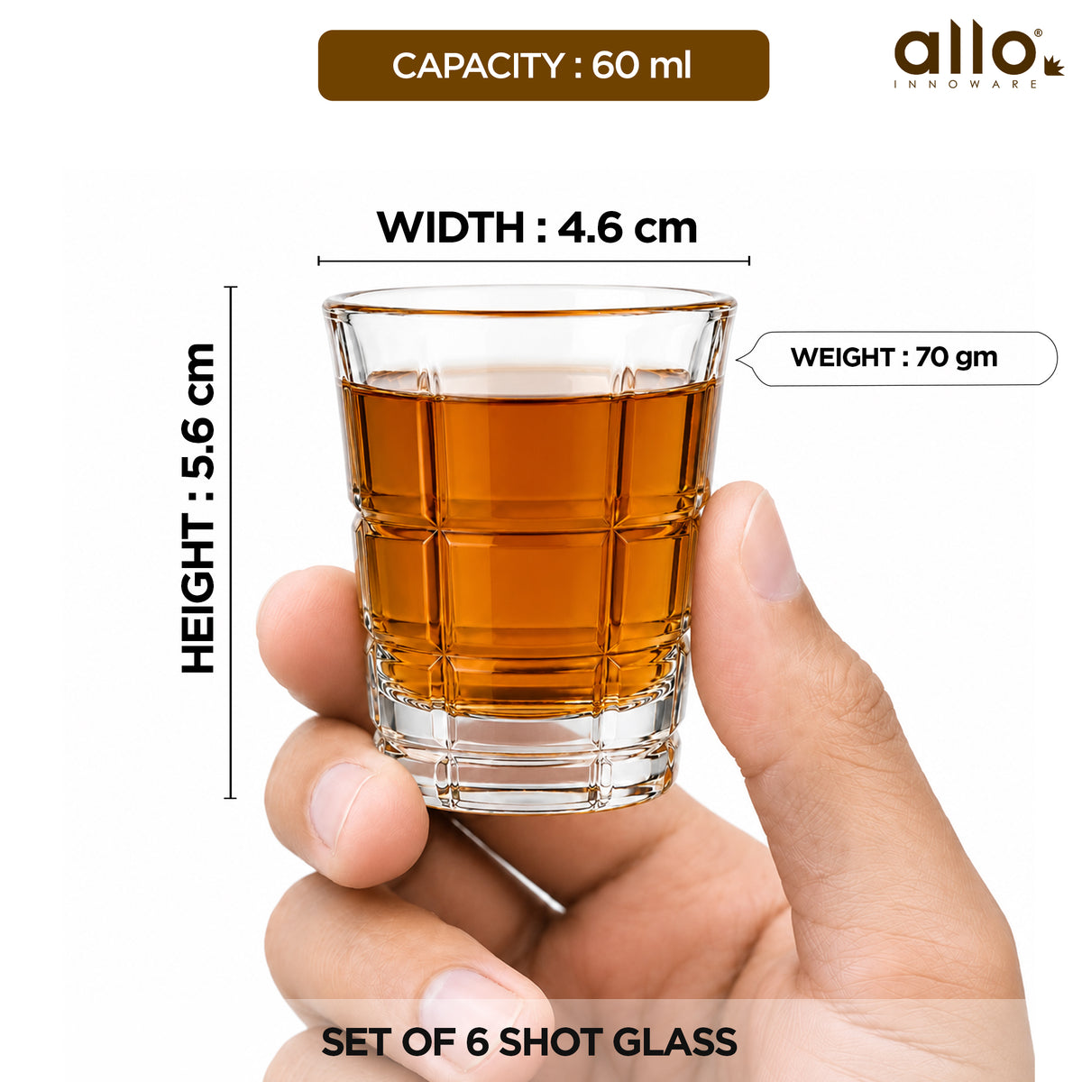 Allo Shot Glasses Set Of 6, 60 ml, Small Glass For Vodka, Tequila, Liquor, Wine, Party, Bar | Gift Set Packaging | Transparent | Square Grid Shot Glass