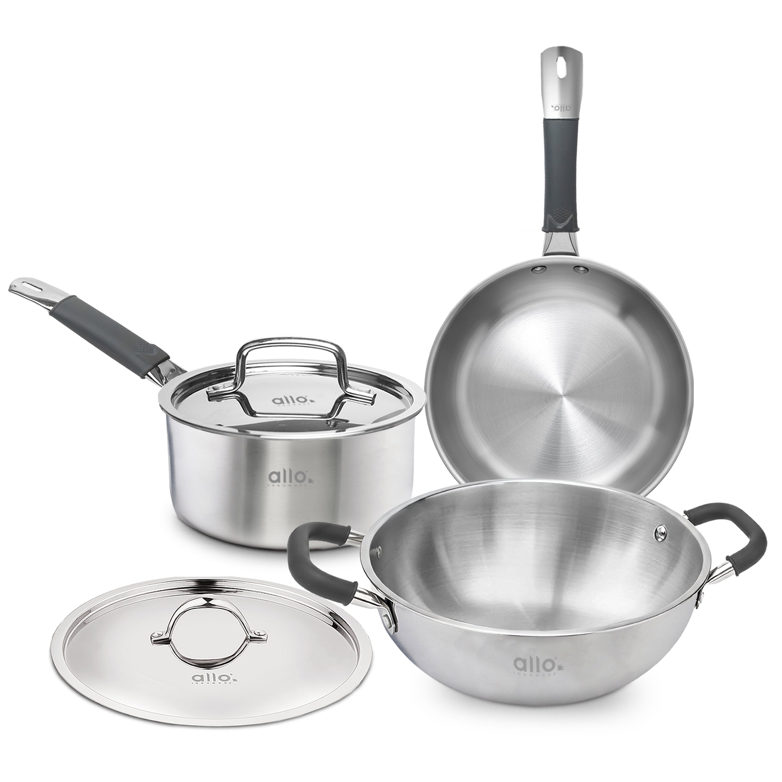 Allo Stainless Steel Triply Cookware Set | Kadai with Lid (22 Cm/3 L)+ Fry Pan (22 Cm/1.5L)+ Saucepan (16 Cm/1.5L) | Perfect Cooking Combo/Stir-Fry/Deep-Fry Induction Friendly Set of 5 | Nonstick