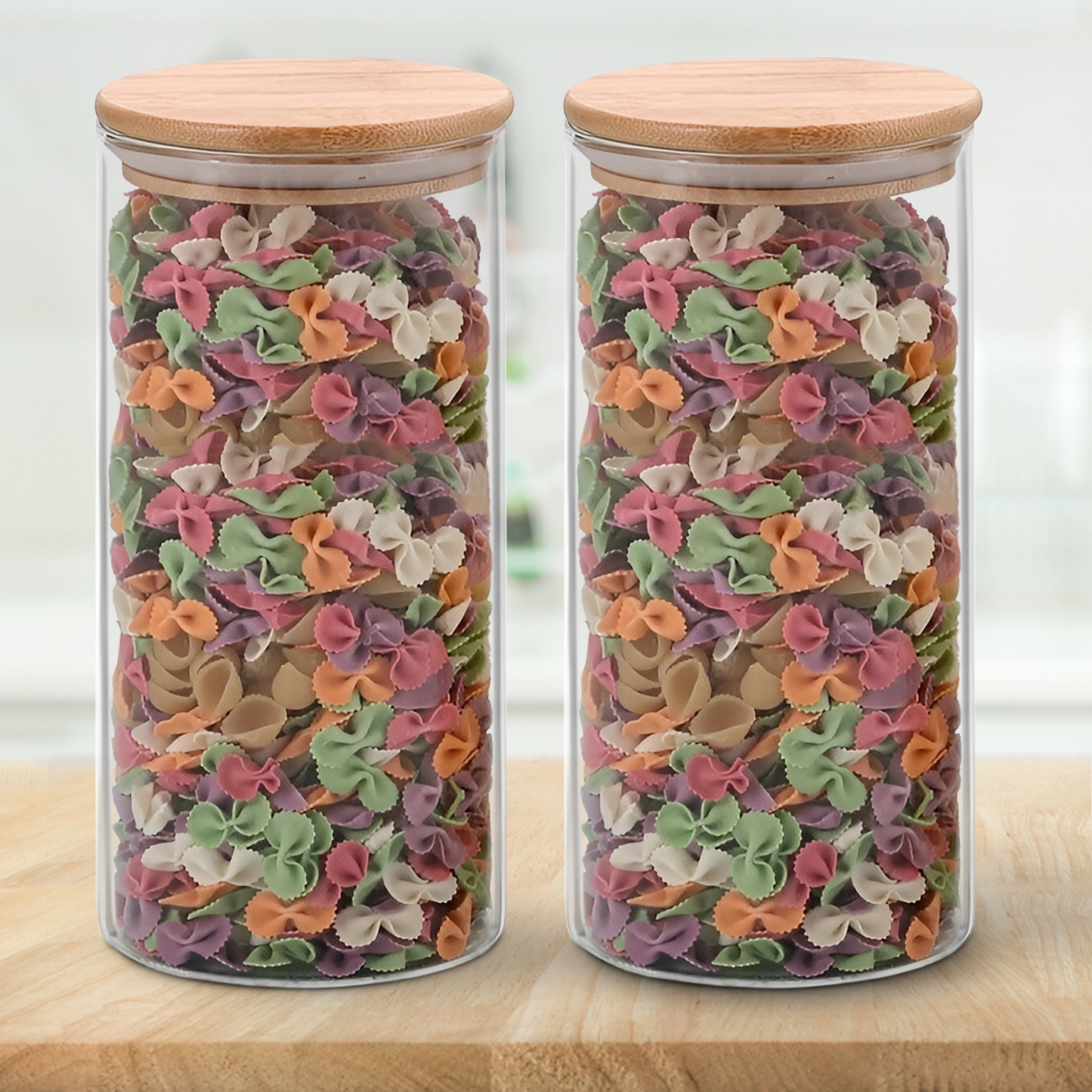 Allo 1000ML Kitchen Storage Box Glass Jars With Wooden Lids - Borosilicate Glass Food Storage Containers Airtight Glass Jar for Tea, Coffee, Spice, Pulses, Masala (Round Glass Jar - Set of 2)