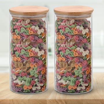Allo 1000ML Kitchen Storage Box Glass Jars With Wooden Lids - Borosilicate Glass Food Storage Containers Airtight Glass Jar for Tea, Coffee, Spice, Pulses, Masala (Round Glass Jar - Set of 2)
