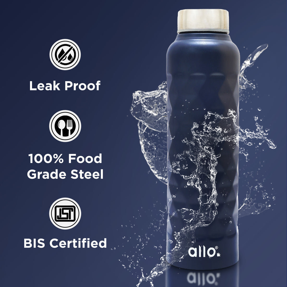 Allo Stainless Steel Water Bottle For Adults, Kids 0.95 Litre Water Bottles For School, Office, Sports, Gym 950ML Water Bottle For Men And Women, Pack Of 2|Leak Proof, Bpa Free,Blue &Black Diamond Plain Cap