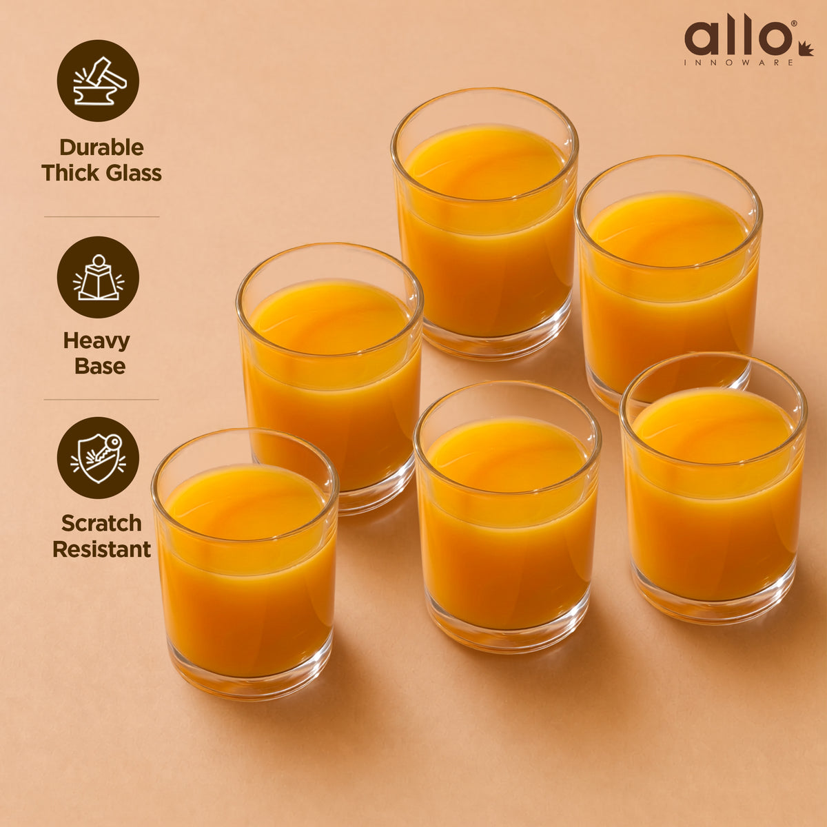 Allo Premium Glass Set Of 6, 275 ml, Latest Design Glasses For Water, Juice, Whisky, Cold Drink | Lead Free | Perfect For Home & Parties, Gift Set Packaging | Transparent Solid Base Glass