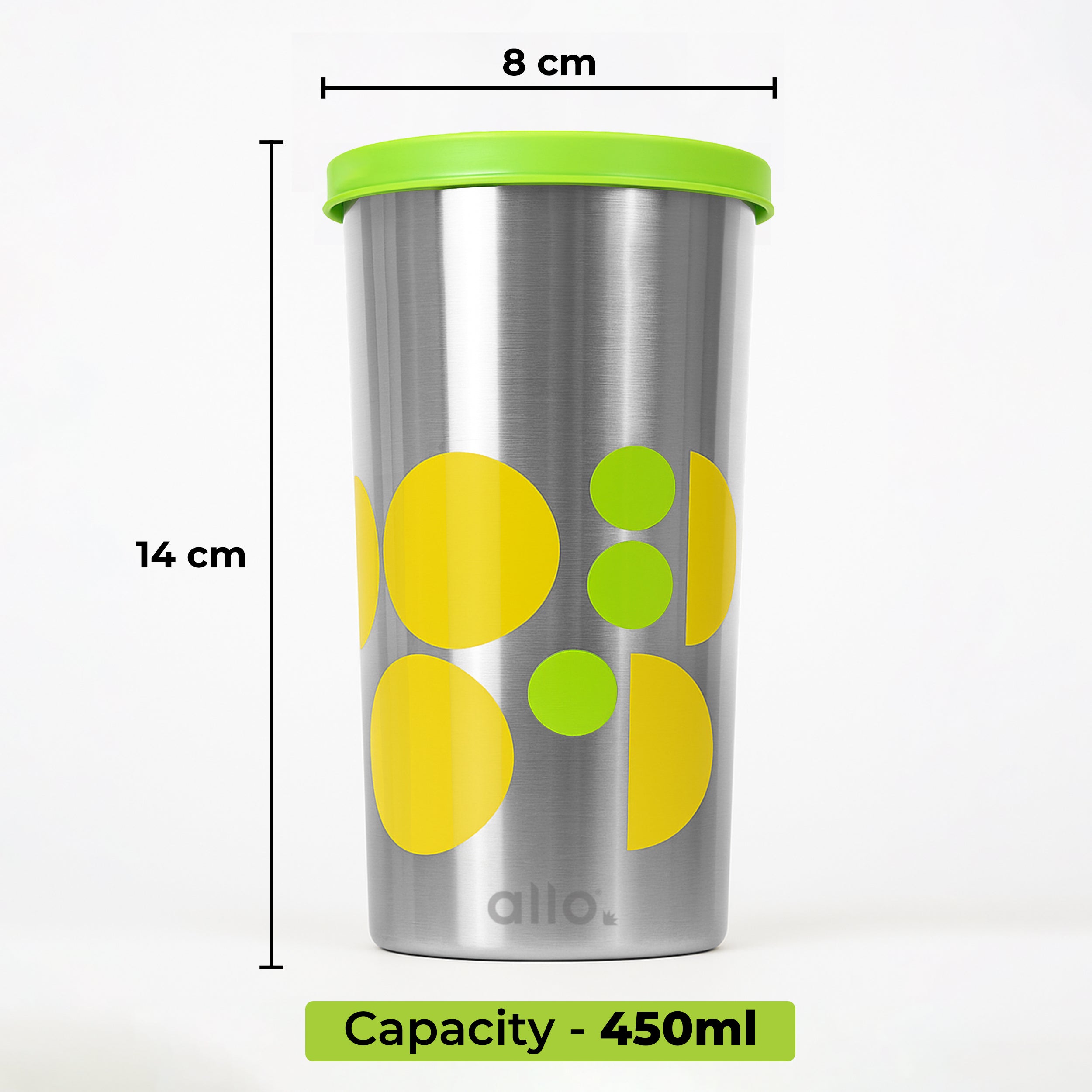 Allo Stainless Steel Tumbler with Lid, Leak Proof Water Tumbler for Home, Office, School, Travel, Kids Rust Proof, Multipurpose Storage Glass for Juice, Tea, Coffee, Milk, GREEN (450Ml)