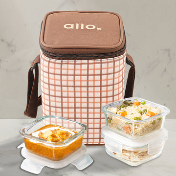 Allo Food Safe Glass Lunch Box, 450°C Microwave Safe Lunch Box, Borosilicate Glass Tiffin for office with Cocoa Brown Tiffin Bag, Set of 3, 320ml x 3, square
