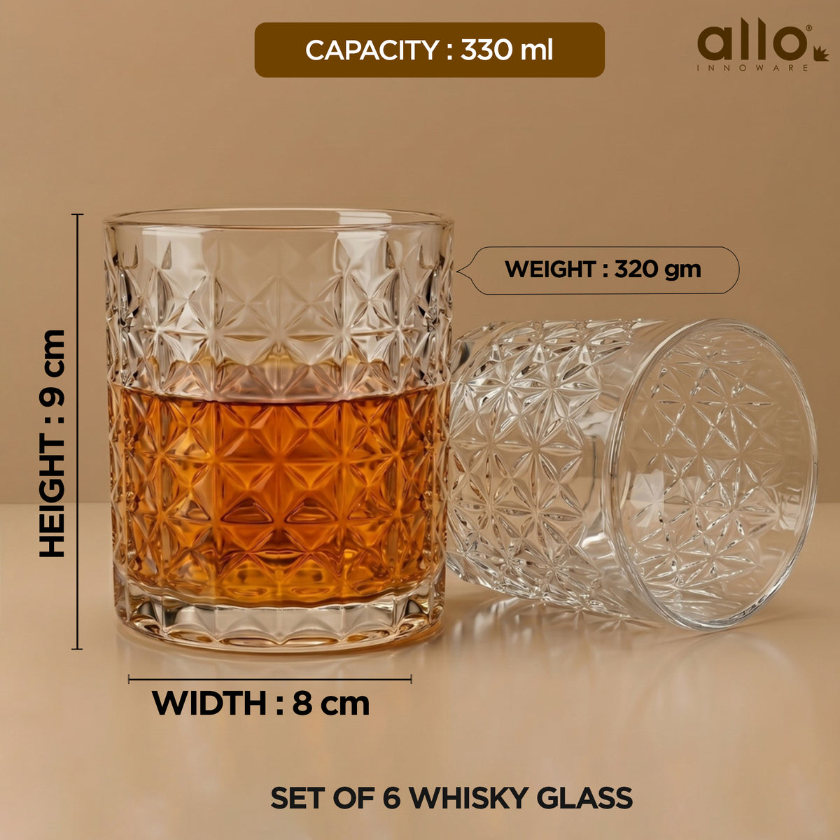 Allo Glass Set Of 6 Premium Whisky Glasses, 330 ml, For Drinking Water, Wine, Cocktail, Mocktail, Martini, Liquor, Alcohol, Scotch, Bourbon | Gift Set Packaging | Transparent Criss Cross Diamond Glass