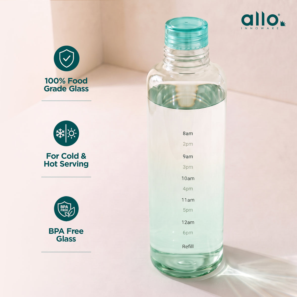 Allo Glass Water Bottle For Women & Men, 600 ml, Aesthetic H2O Bottles For Drinking Detox Water, Juice, Milk, Soda | 0.4 Ltr Bottle For Fridge, Storage, Home | Gift Set Packaging | Time Marked Green
