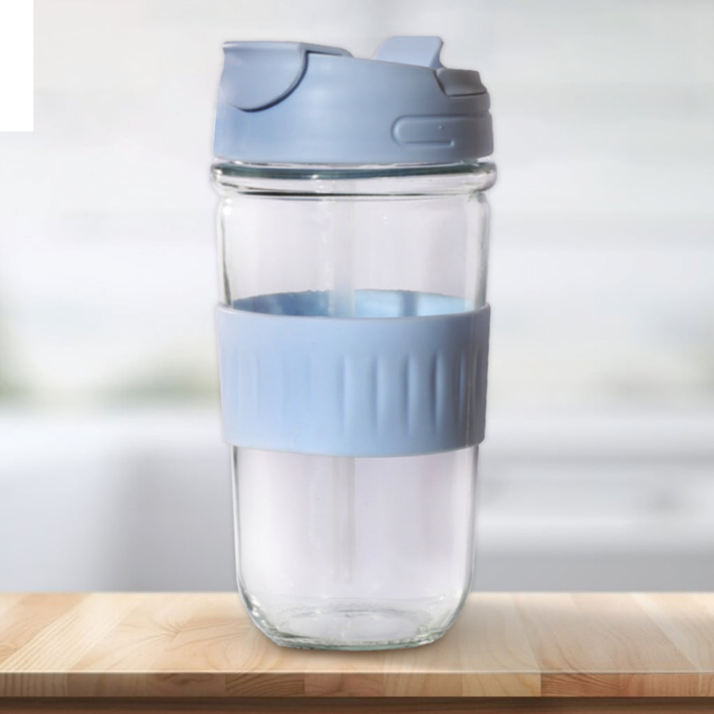 Allo Reusable Glass Tumbler with Unique 2 in 1 ANTI Spill Lid | Portable Leakproof Glass Coffee Mug Shaker Sipper with Anti-Slip Silicone Grip for Hot & Cold Beverages | Ideal for Car, Office, Home and Travel use | 500ml BLUE