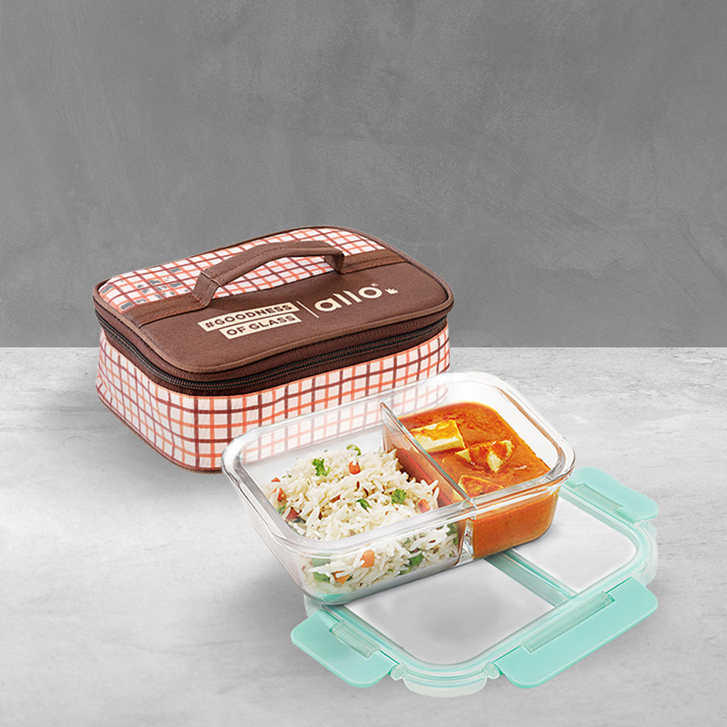 580ml Allo FoodSafe Microwave Oven Safe Glass Lunch box with Break Free Detachable Lock with Cocoa Brown Bag Tiffin