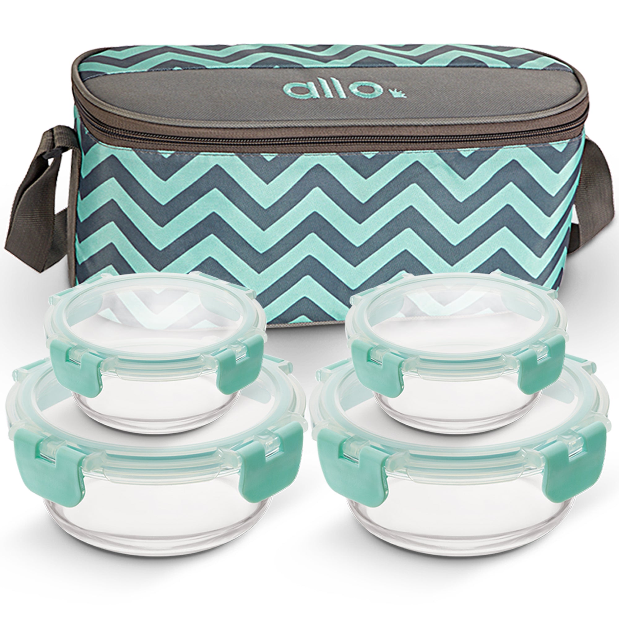 Allo Food Safe Glass Lunch Box with Breakfree Detachable Lock, Microwave Safe Lunch Box Borosilicate Glass Tiffin for Office with Chevron Mint Tiffin Bag, Set of 4, 215ml x 2, 390ml x 2, Transparent