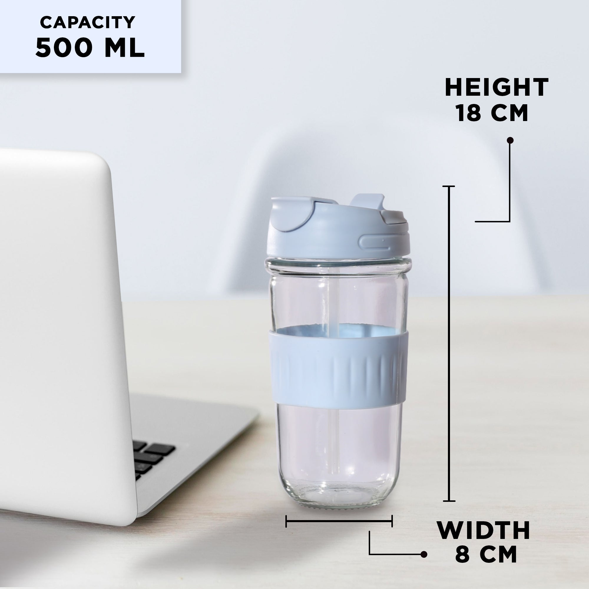 Allo Reusable Glass Mug Sipper Tumbler with Straw, Unique 2 in 1 Anti Spill Lid | Microwave Safe Leakproof Glass with Anti-Slip Grip for Hot & Cold Coffee|| Car, Office, Travel use | 500ml (Blue)