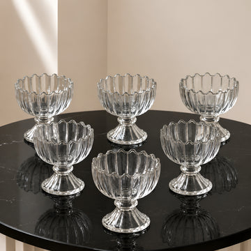 Allo Glass Ice Cream Bowl Set Of 6, 240 ml, Dessert Glasses For Icecream, Pudding, Candy, Snacks, Dates, Dry Fruit | Cups For Gifting And Serving, Gift Set Packaging | Petal Edge Dessert Bowl