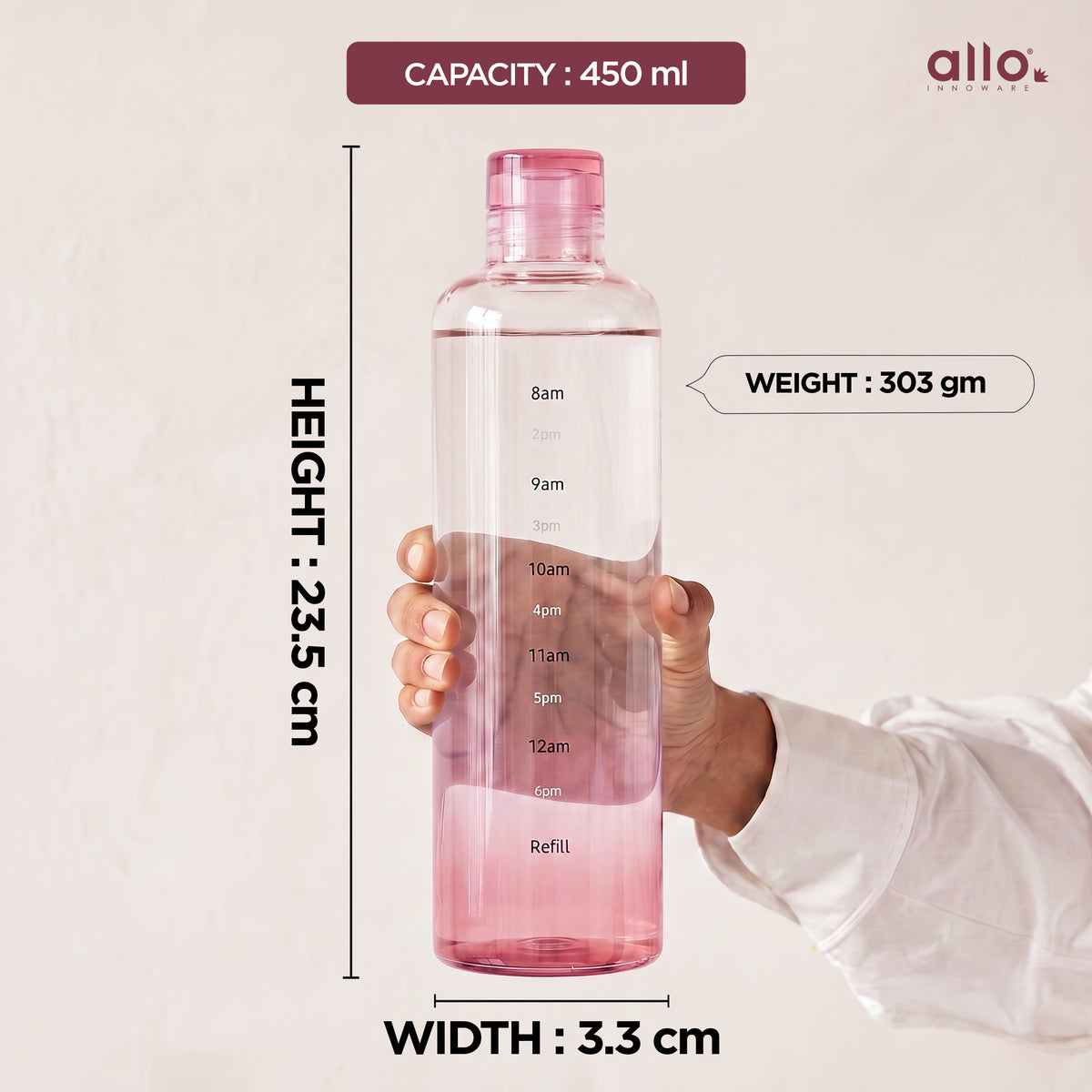 Allo Glass Water Bottle For Women & Men, 600 ml, Aesthetic H2O Bottles For Drinking Detox Water, Juice, Milk, Soda | 0.4 Ltr Bottle For Fridge, Storage, Home | Gift Set Packaging | Time Marked Pink