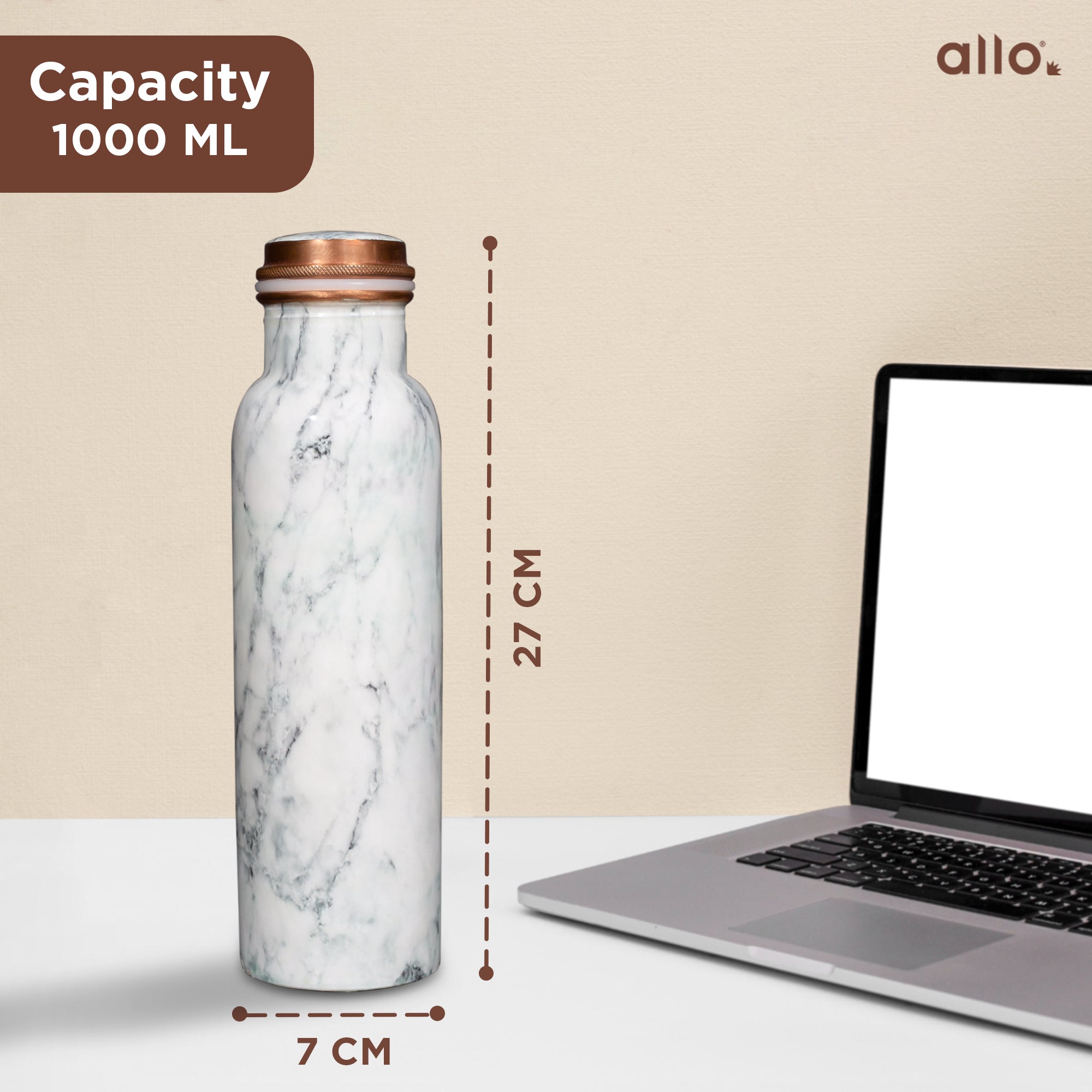 Allo Pure Copper Water Bottle 1 Litre Copper Bottle | Alkaline and Anti Oxidant | 100% Leak Proof, Office, Gym Bottle, Modern Tamba Bottle for Adults, Best Gift for Diwali (White Natural Marble)
