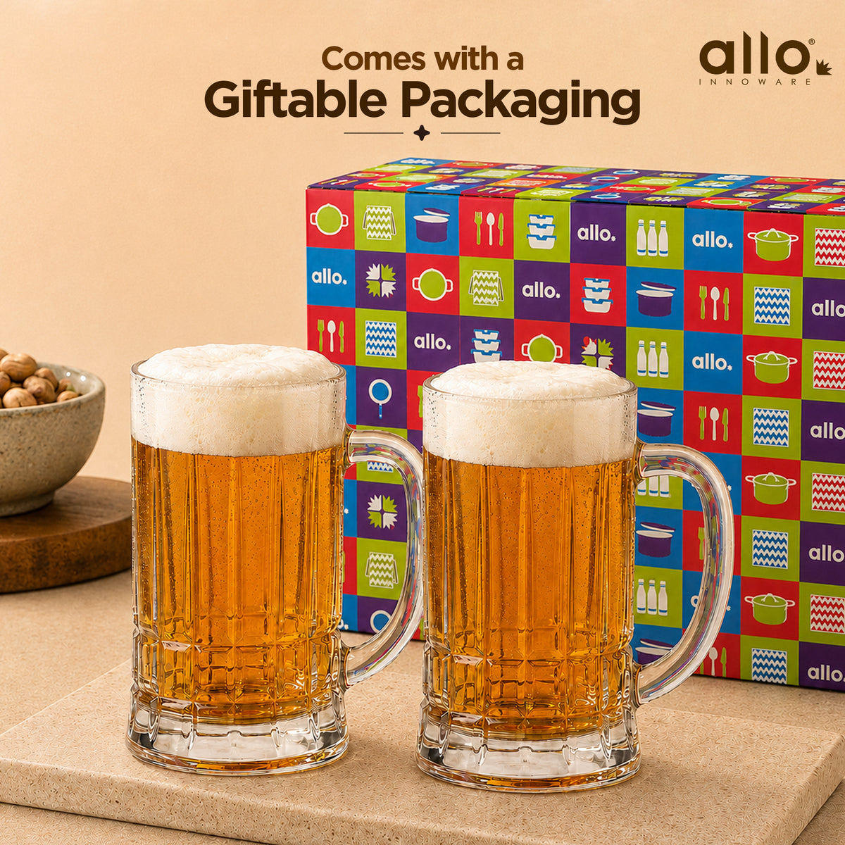 Allo Beer Mug And Drinking Glass Mugs, Set Of 2, 400 ml Each, Serves Beer, Juice, Mocktail, Alcohol, Cocktail, Drinking Glass With Handle, Fluted Glass | Gift Set Packaging | Transparent Checkered Base