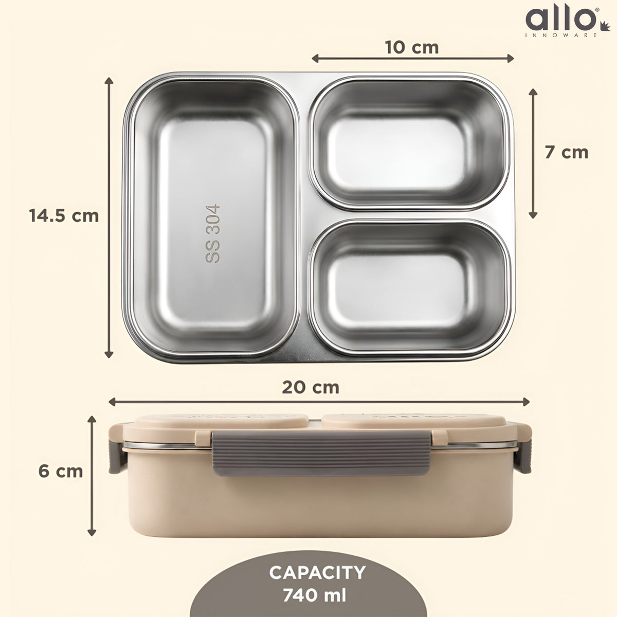 Allo Bento Stainless Steel Lunch Box for Kids- BIS Approved, 304 Stainless Steel 3 Compartment Leakproof Tiffin Box for Boys and Girls for School, Travelling, Baby Snacks, 740ml Beige Cool Eyes