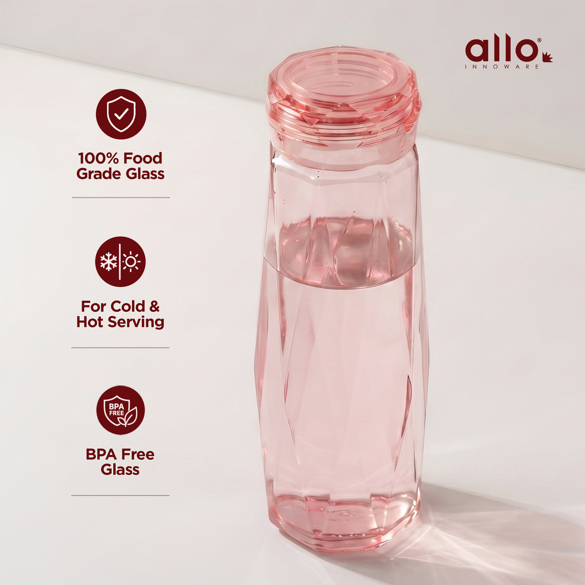 Allo Glass Water Bottle For Women & Men, 450 ml, Aesthetic H2O Bottles For Drinking Detox Water, Juice, Milk, Soda | 0.4 Ltr Bottle For Fridge, Storage, Home | Gift Set Packaging | Geometric Pink