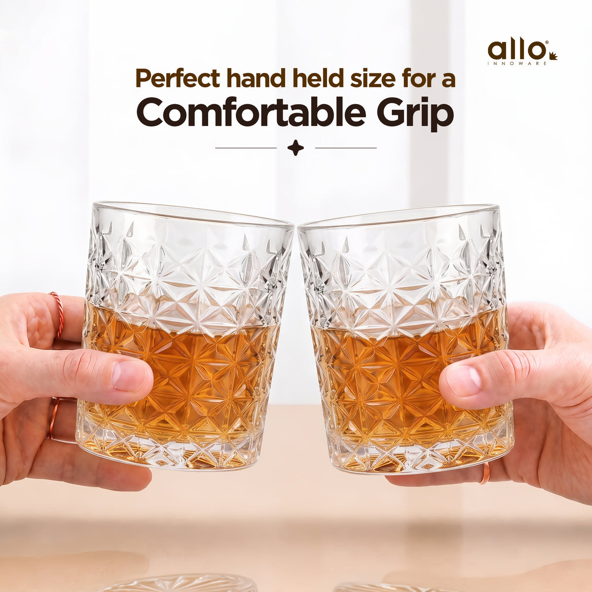 Allo Glass Set Of 6 Premium Whisky Glasses, 330 ml, For Drinking Water, Wine, Cocktail, Mocktail, Martini, Liquor, Alcohol, Scotch, Bourbon | Gift Set Packaging | Transparent Criss Cross Diamond Glass