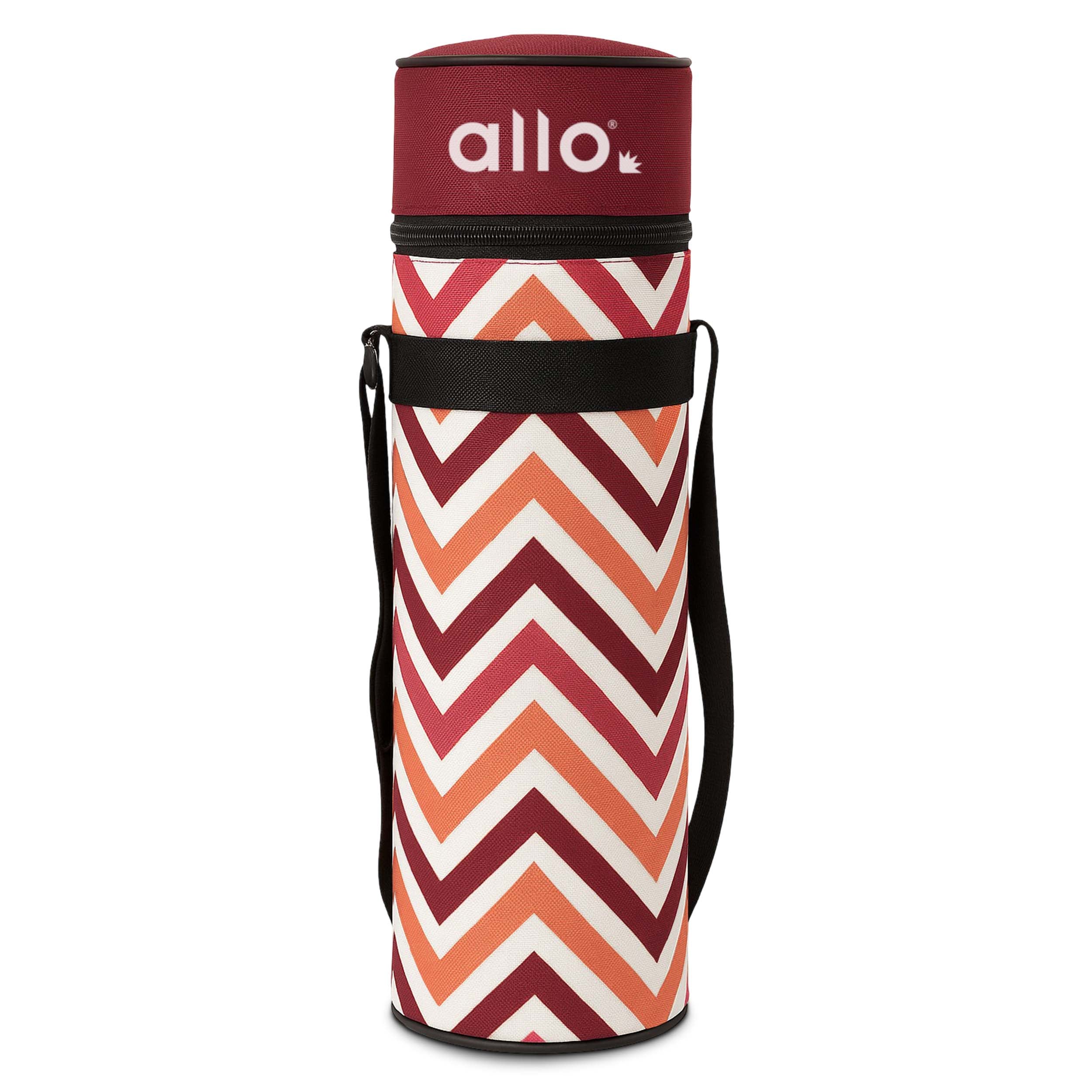 Allo Polyester Thermal Insulated 1L Bottle Cover – Water-Proof Modern Carrier Sleeve with Adjustable Shoulder Handle & Zipper Closure for Travel, Hiking, Office & School, Red Chevron