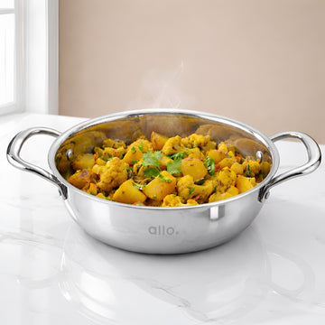 Allo Triply Stainless Steel Kadhai with Handles|Perfect Kadhai for Curry/Stir-Fry/Deep-Fry/DryVeg/Sauté Induction Friendly Naturally Non-Stick | 10 Years Warranty, 22cm, 2 litres Without lid
