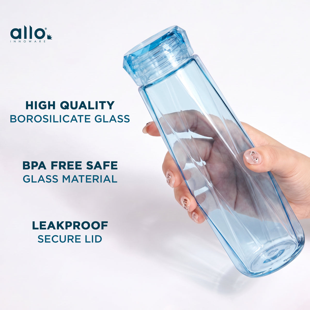 Allo Glass Water Bottle For Women & Men, 450 ml, Aesthetic H2O Bottles For Drinking Detox Water, Juice, Milk, Soda | 0.4 Ltr Bottle For Fridge, Storage, Home | Gift Set Packaging | Geometric Blue