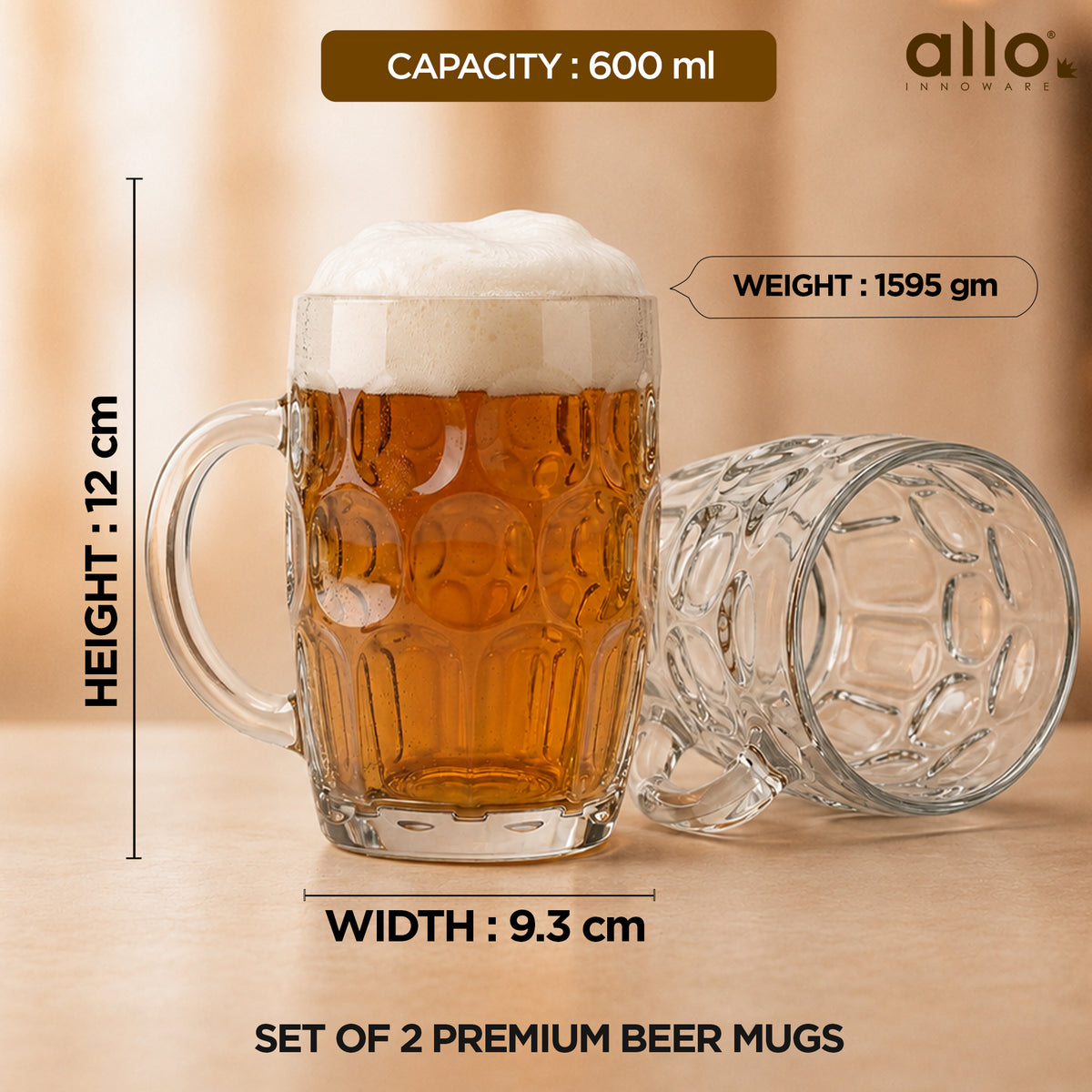 Allo Beer Mug And Drinking Glass Mugs, Set Of 2, 600 ml Each, Serves Beer, Juice, Mocktail, Alcohol, Cocktail, Drinking Glass With Handle | Gift Set Packaging | Transparent Bubble Glass