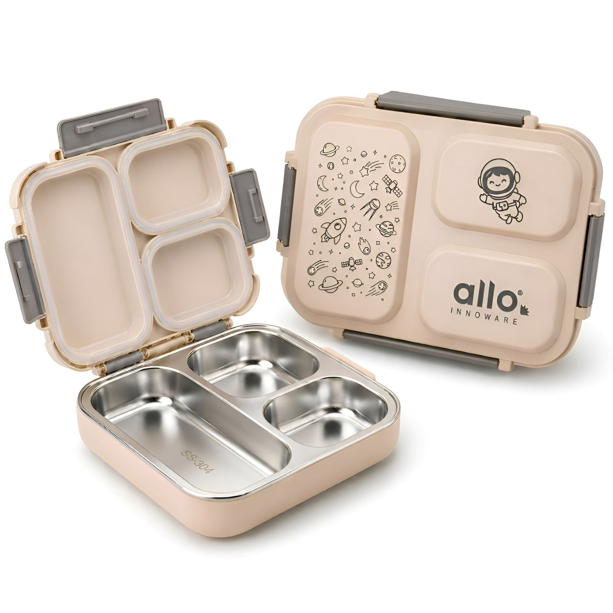 Allo Bento Stainless Steel Lunch Box for Kids- BIS Approved, 304 Stainless Steel 3 Compartment Leakproof Tiffin Box for Boys and Girls for School, Travelling, Baby Snacks, 740ml Beige Space