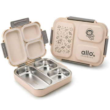 Allo Bento Stainless Steel Lunch Box for Kids- BIS Approved, 304 Stainless Steel 3 Compartment Leakproof Tiffin Box for Boys and Girls for School, Travelling, Baby Snacks, 740ml Beige Space