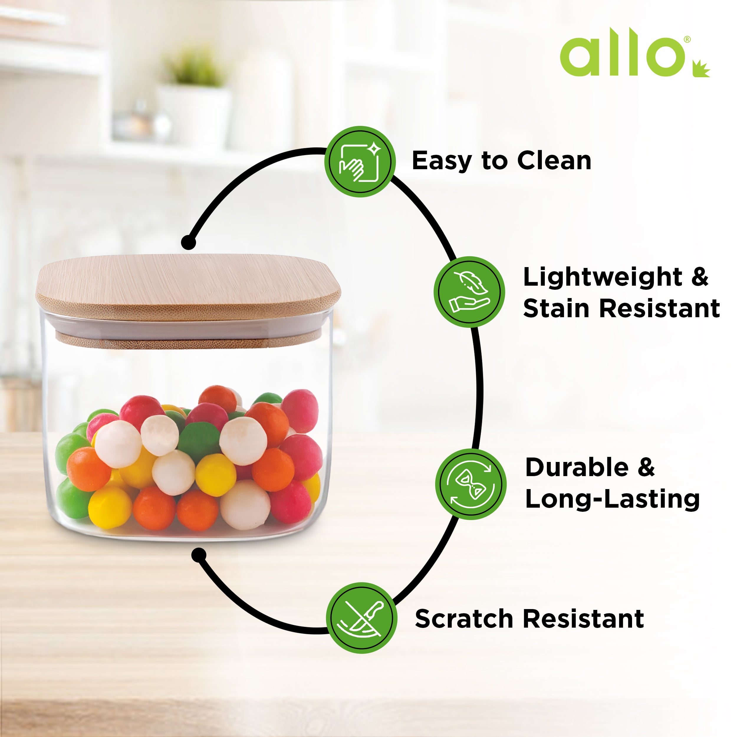 Allo 300ML Kitchen Storage Box Glass Jars With Wooden Lids - Borosilicate Glass Food Storage Containers Airtight Glass Jar For Tea, Coffee, Spice, Pulses, Masala (Square Glass Jar - Set of 5)