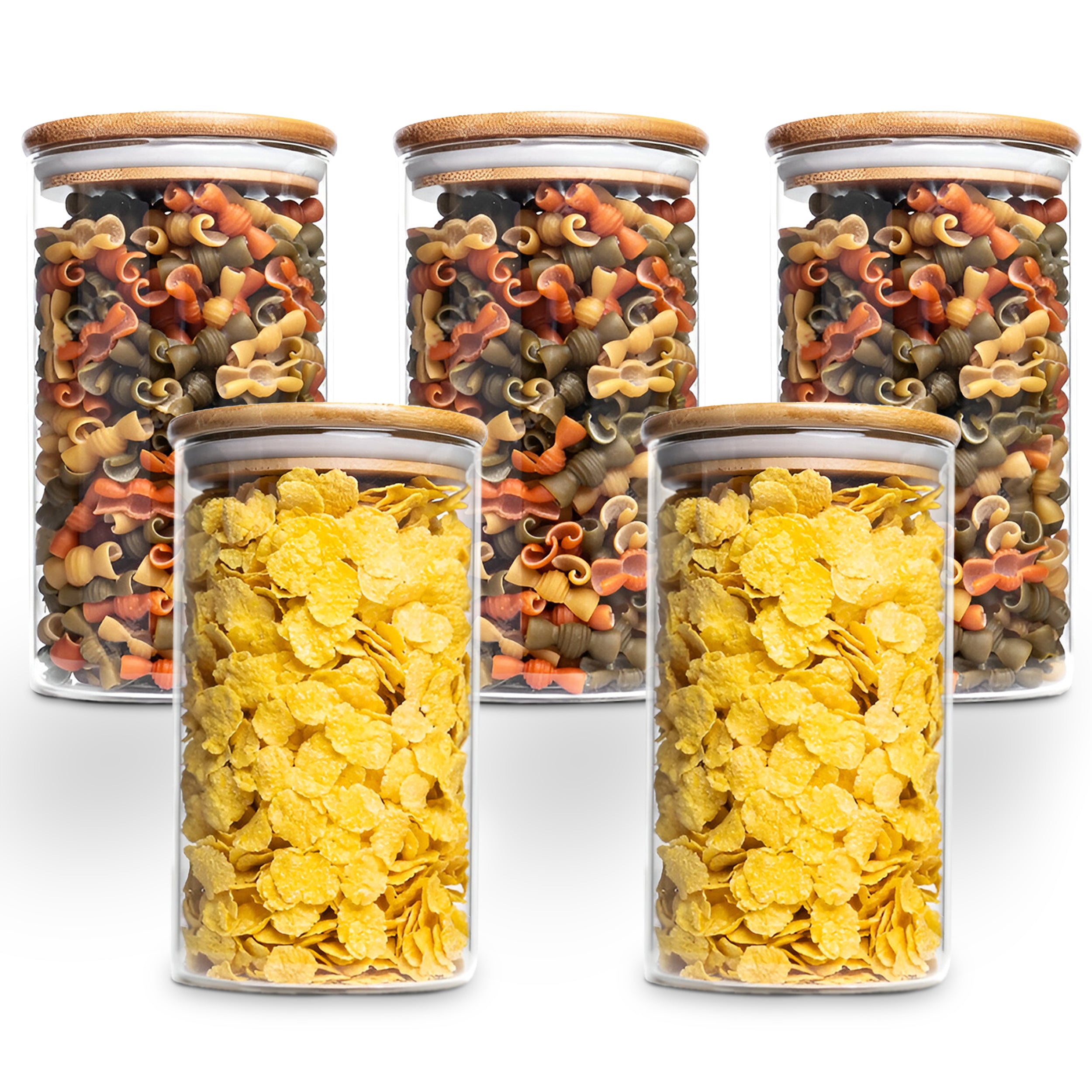 Allo 600ML Kitchen Storage Box Glass Jars With Wooden Lids - Borosilicate Glass Food Storage Containers Airtight Glass Jar for Tea, Coffee, Spice, Pulses, Masala (Round Glass Jar - Set of 5)