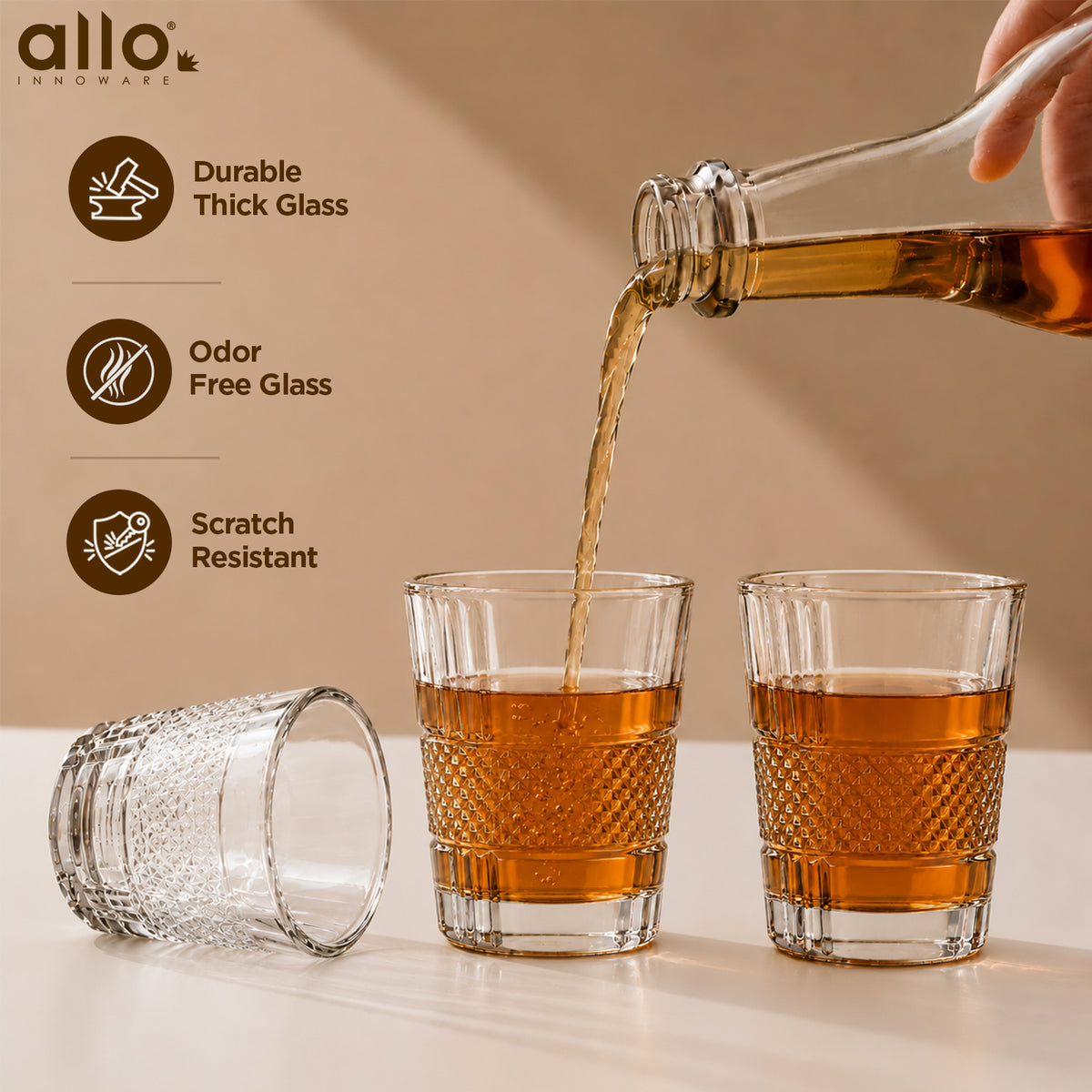 Allo Shot Glasses Set Of 6, 60 ml, Small Glass For Vodka, Tequila, Liquor, Wine, Party, Bar | Gift Set Packaging | Transparent | Diamond Mesh Shot Glass