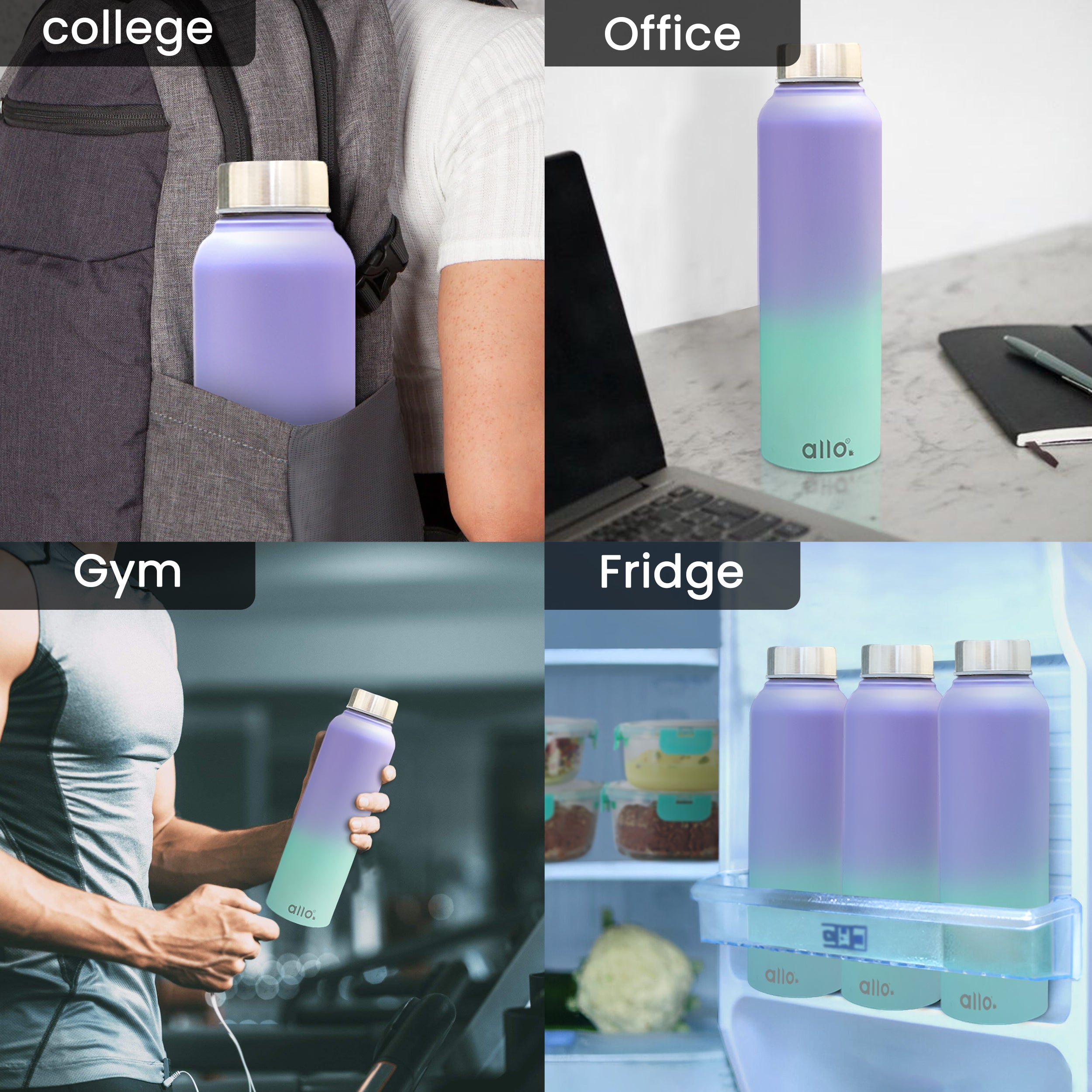 Allo Stainless Steel Water Bottle For Adults, Kids 1 Litre Water Bottles For School,Office,Sports,Gym 1L Water Bottle For Men & Women, Pack Of 5 | Leak Proof, Bpa Free, Lavender & Baby Blue Steel Cap