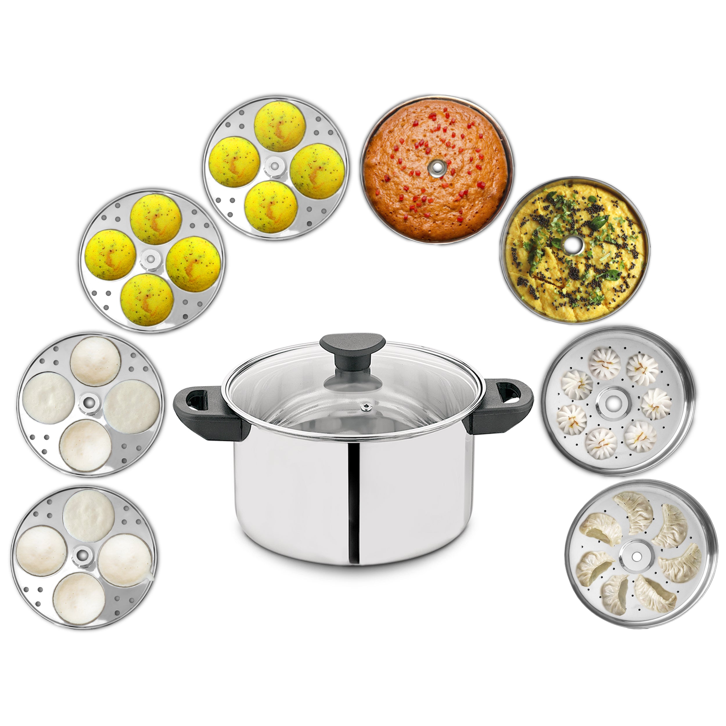Allo 11pc Stainless Steel Idli Maker/Momo Maker/Dhokla Multi Purpose Kadai Set Large 8 Plate, 4 Idli, 2 Dhokla, 2 Steamer with Glass Lid and Patented Stand, Triply Induction Bottom, 26Cm, 4 Litre