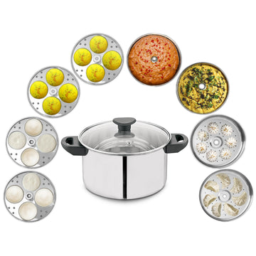 Allo 11pc Stainless Steel Idli Maker/Momo Maker/Dhokla Multi Purpose Kadai Set Large 8 Plate, 4 Idli, 2 Dhokla, 2 Steamer with Glass Lid and Patented Stand, Triply Induction Bottom, 26Cm, 4 Litre
