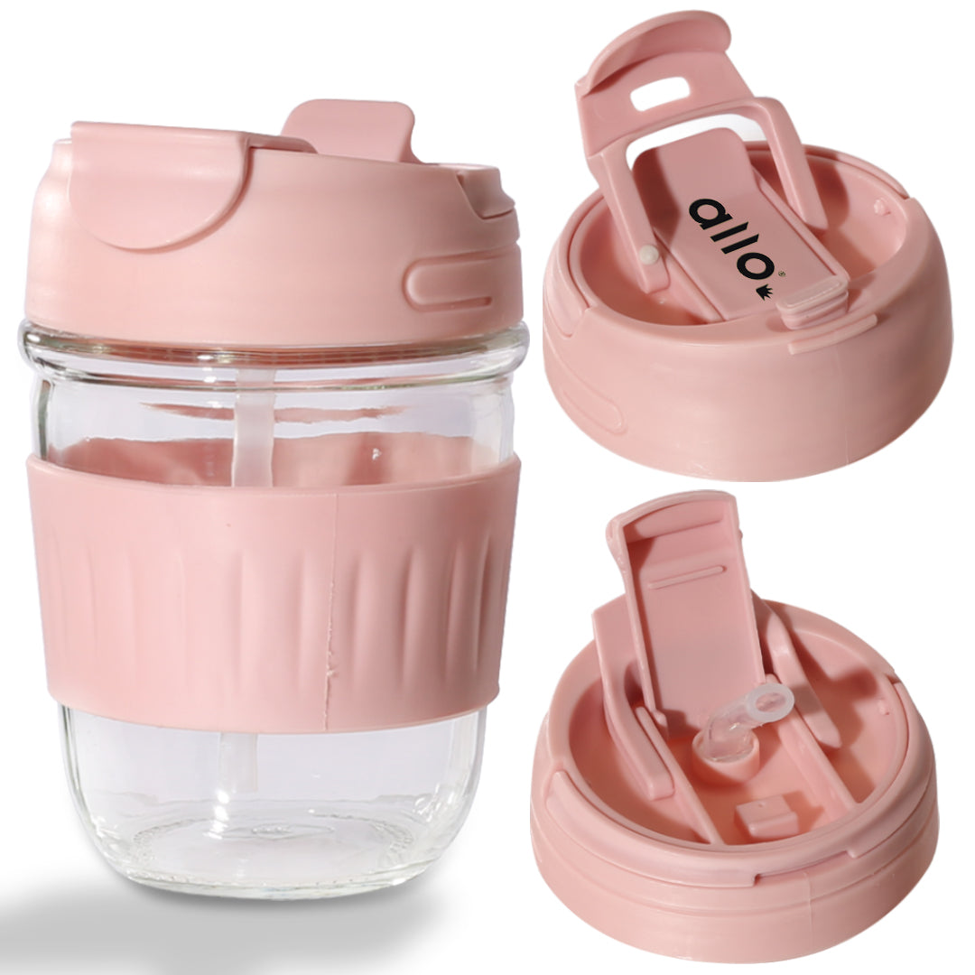 Allo Reusable Glass Mug Sipper Tumbler with Straw, Unique 2 in 1 Anti Spill Lid | Microwave Safe Leakproof Glass with Anti-Slip Grip for Hot & Cold Coffee|| Car, Office, Travel use | 350ml (Pink)