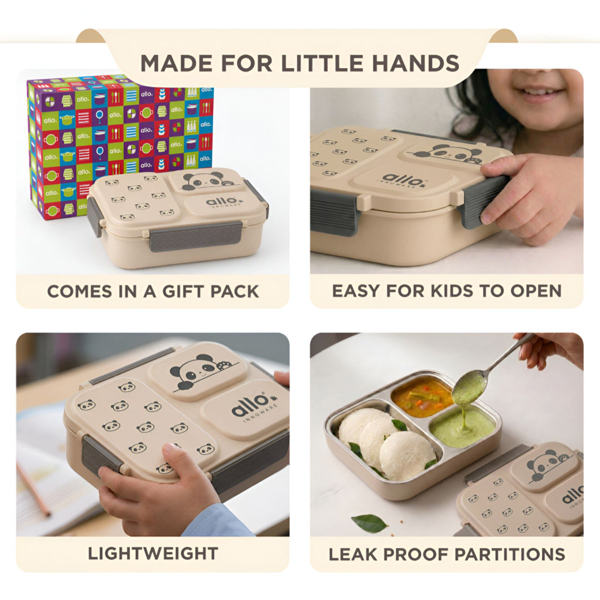 Allo Bento Stainless Steel Lunch Box for Kids- BIS Approved, 304 Stainless Steel 3 Compartment Leakproof Tiffin Box for Boys and Girls for School, Travelling, Baby Snacks, 740ml Beige Panda