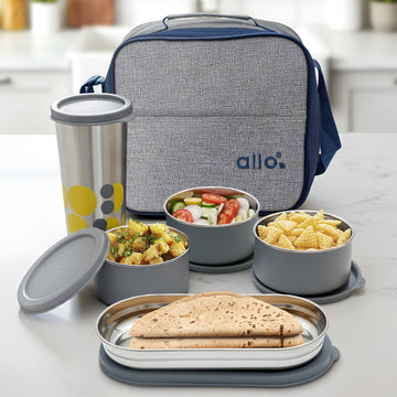 Allo Microwave Safe Steel Lunch Box for Office with Bag for Men and Women, Air Tight & Leak Proof Stainless Steel Tiffin for Office, School, College, Set of 5 with Bag