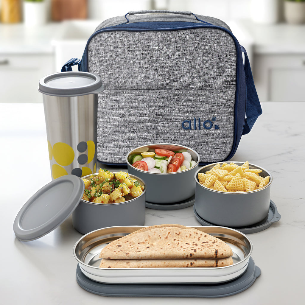 Allo Microwave Safe Steel Lunch Box for Office with Bag for Men and Women, Air Tight & Leak Proof Stainless Steel Tiffin for Office, School, College, Set of 5 with Bag