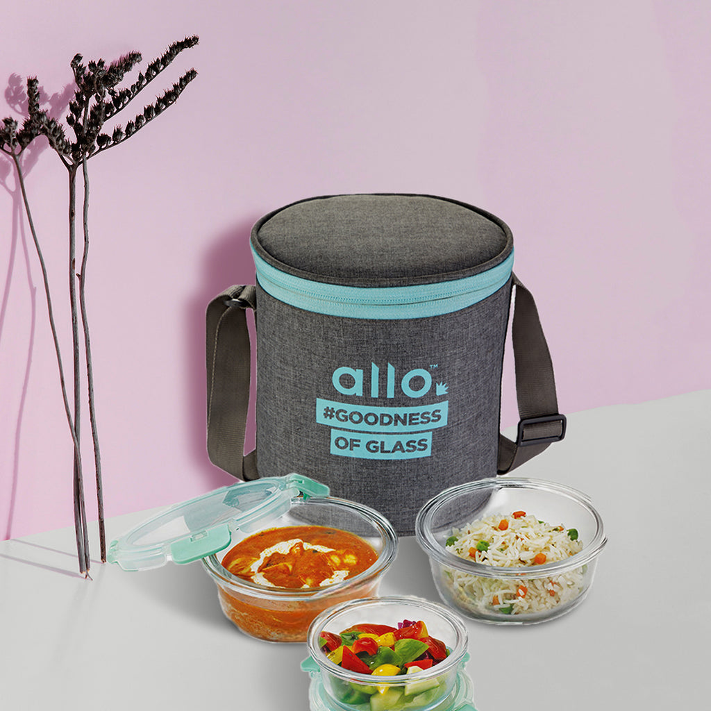 Allo Food Safe Glass Lunch Box with Break Free Detachable Lock, 450°C Microwave Safe Lunch Box, Borosilicate Glass Tiffin for office with Canvas Grey Tiffin Bag, Set of 3, 215ml x 1, 390ml x 2, Round.