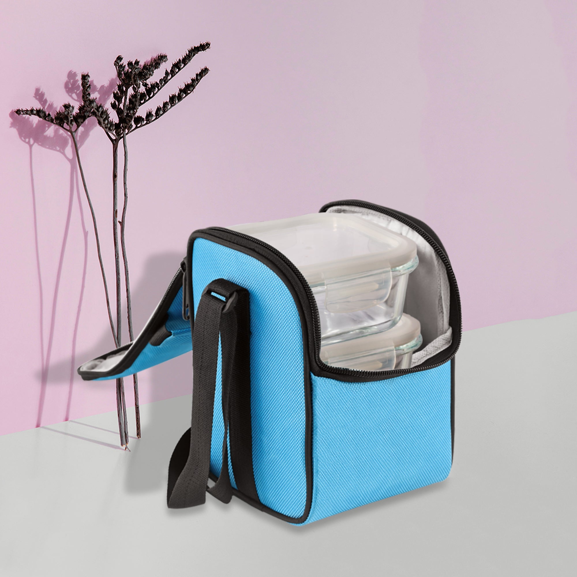 Allo Food Safe Glass Lunch Box, 450°C Microwave Safe Lunch Box, Borosilicate Glass Tiffin for office with Sky blue Tiffin Bag, Set of 3, 320ml x 3, square