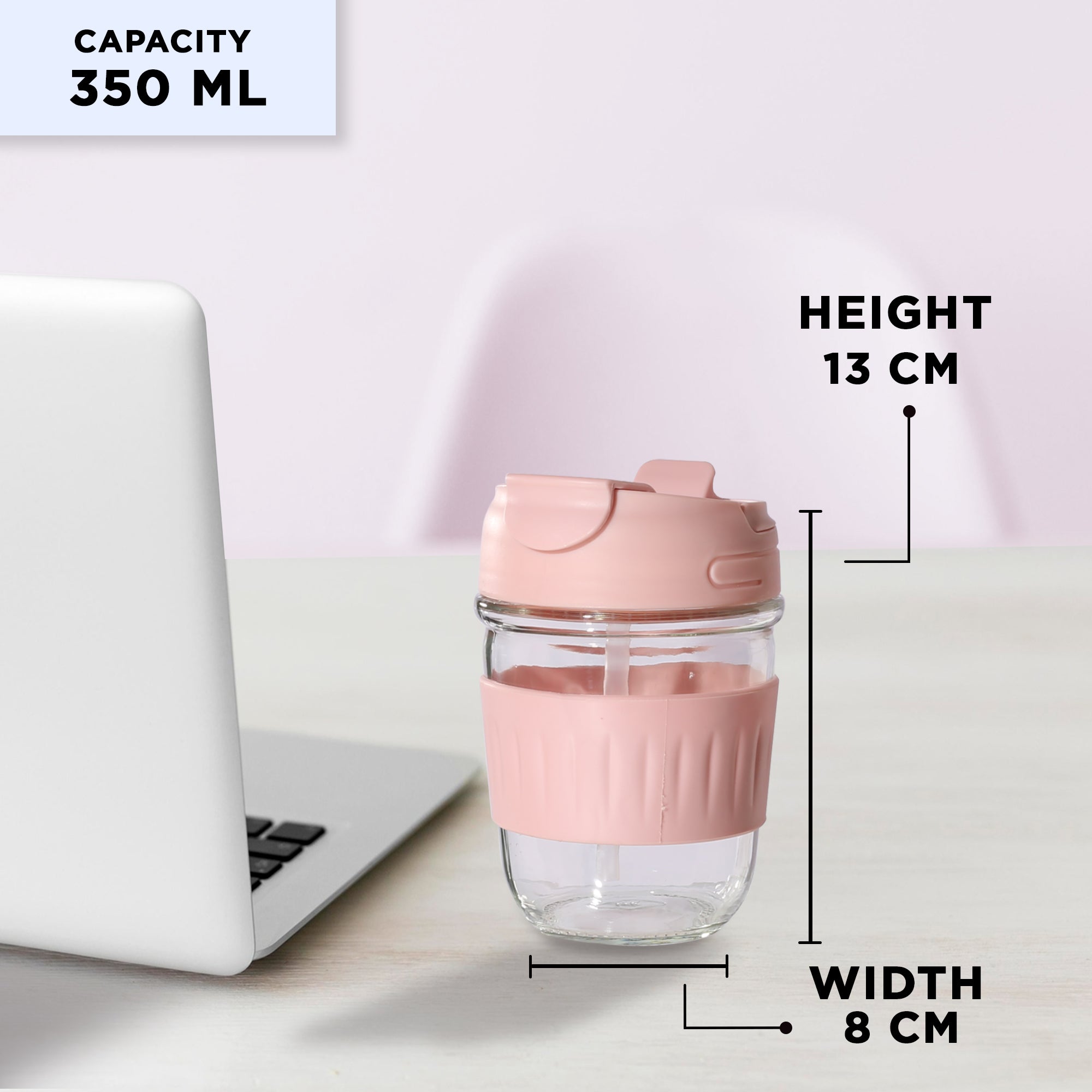 Allo Reusable Glass Mug Sipper Tumbler with Straw, Unique 2 in 1 Anti Spill Lid | Microwave Safe Leakproof Glass with Anti-Slip Grip for Hot & Cold Coffee|| Car, Office, Travel use | 350ml (Pink)