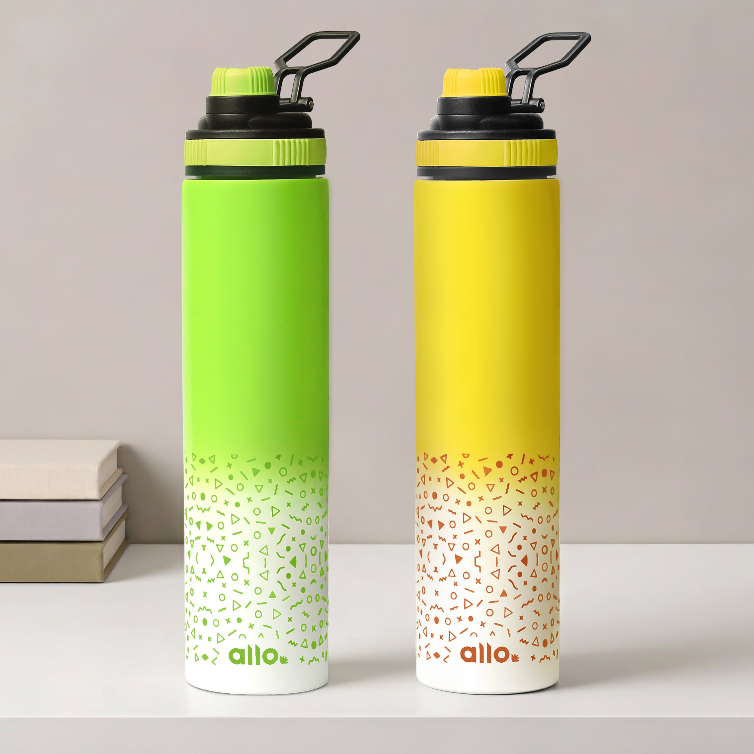 Allo Stainless Steel Sipper Water Bottle for adults,kids 1 Litre Water Bottles for School, Office,Sports, Gym 1L Water Bottle for Men & women, Pack Of 2, Green White & Yellow White 850ml