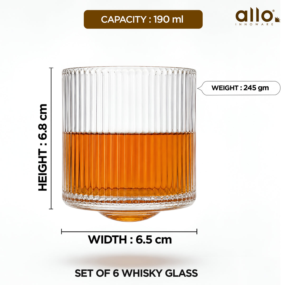 Allo Rotating Glasses For Whiskey, Set Of 6, 190 Ml Each, Premium Ribbed Glass With Revolving Base And Spinning Glass, Gift Set Packaging | Transparent Ribbed Classic