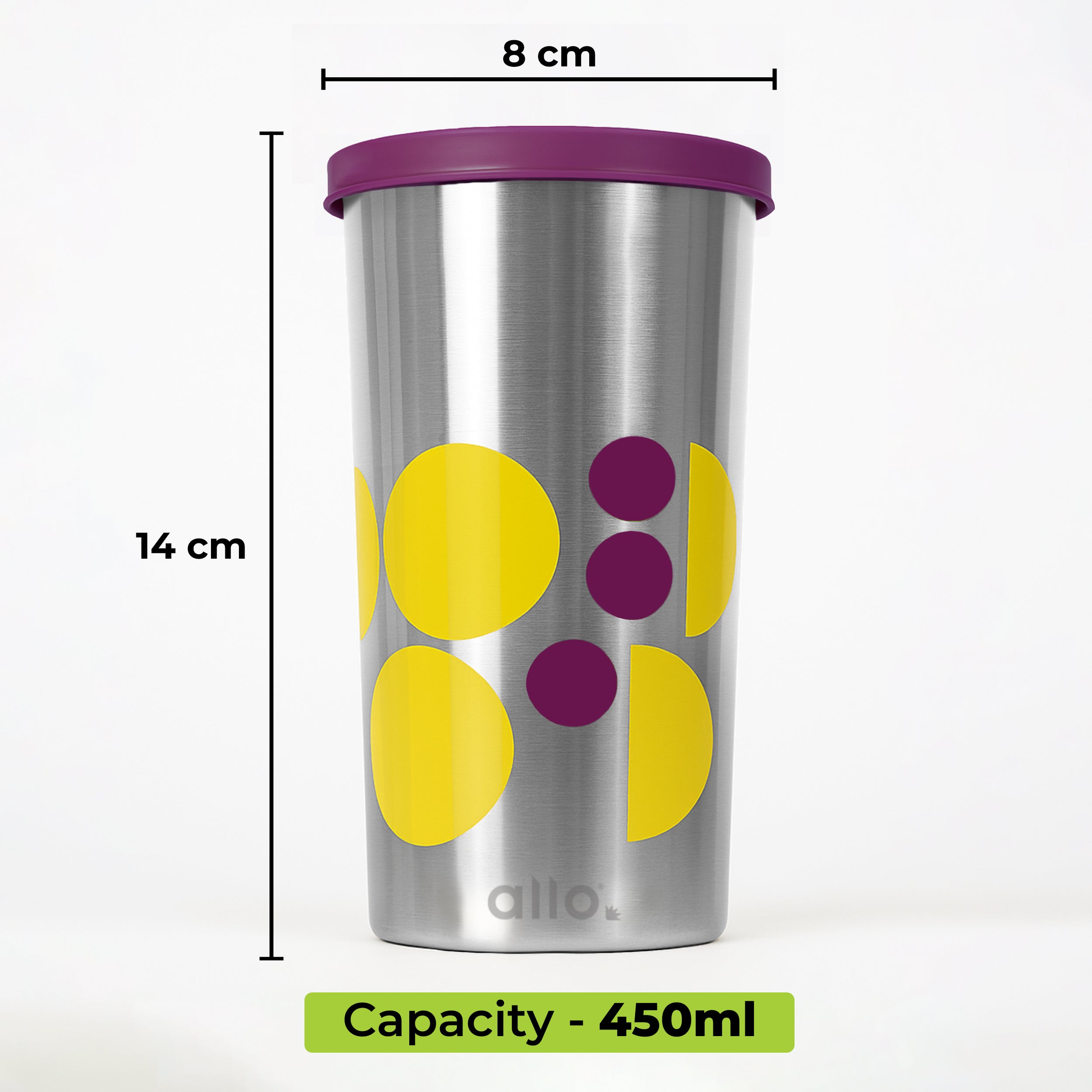 Allo Stainless Steel Tumbler with Lid, Leak Proof Water Tumbler for Home, Office, School, Travel, Kids Rust Proof, Multipurpose Storage Glass for Juice, Tea, Coffee, Milk, PURPLE (450Ml)
